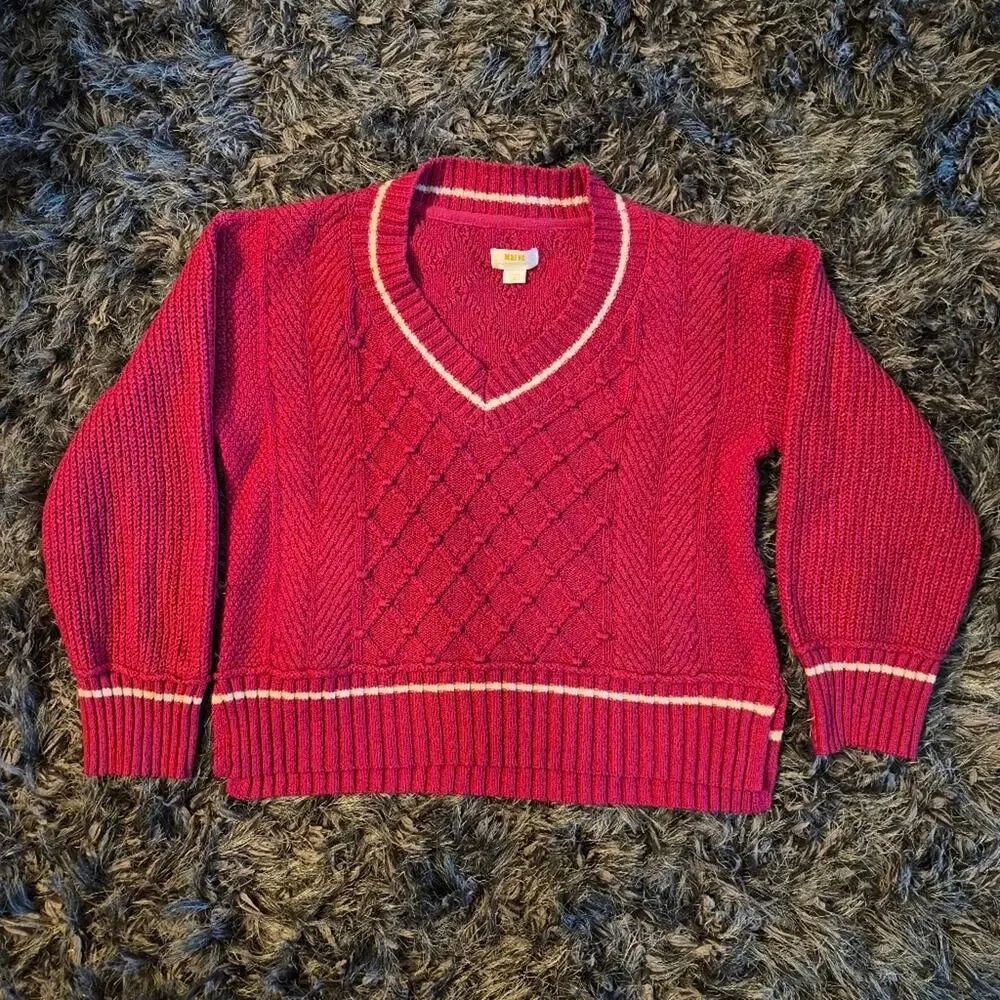 Anthropologie Maeve Tilly V-Neck Tennis Prep Cotton Blend Pink Pullover Sweater